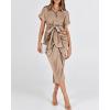 imageBTFBM 2025 Women Button Down Ruched Shirt Dresses Short Sleeve Lapel V Neck Elegant Party Spring Summer Maxi Satin DressShort Sleeve Light Khaki
