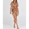 imageBTFBM 2025 Women Button Down Ruched Shirt Dresses Short Sleeve Lapel V Neck Elegant Party Spring Summer Maxi Satin DressShort Sleeve Light Red Khaki