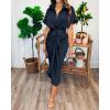 imageBTFBM 2025 Women Button Down Ruched Shirt Dresses Short Sleeve Lapel V Neck Elegant Party Spring Summer Maxi Satin DressShort Sleeve Navy
