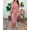 imageBTFBM 2025 Women Button Down Ruched Shirt Dresses Short Sleeve Lapel V Neck Elegant Party Spring Summer Maxi Satin DressShort Sleeve Pink