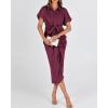 imageBTFBM 2025 Women Button Down Ruched Shirt Dresses Short Sleeve Lapel V Neck Elegant Party Spring Summer Maxi Satin DressShort Sleeve Purple Red