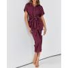 imageBTFBM 2025 Women Button Down Ruched Shirt Dresses Short Sleeve Lapel V Neck Elegant Party Spring Summer Maxi Satin DressShort Sleeve Purple Red