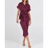 imageBTFBM 2025 Women Button Down Ruched Shirt Dresses Short Sleeve Lapel V Neck Elegant Party Spring Summer Maxi Satin DressShort Sleeve Purple Red