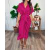 imageBTFBM 2025 Women Button Down Ruched Shirt Dresses Short Sleeve Lapel V Neck Elegant Party Spring Summer Maxi Satin DressShort Sleeve Rose Red