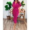 imageBTFBM 2025 Women Button Down Ruched Shirt Dresses Short Sleeve Lapel V Neck Elegant Party Spring Summer Maxi Satin DressShort Sleeve Rose Red