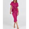 imageBTFBM 2025 Women Button Down Ruched Shirt Dresses Short Sleeve Lapel V Neck Elegant Party Spring Summer Maxi Satin DressShort Sleeve Rose Red
