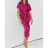 imageBTFBM 2025 Women Button Down Ruched Shirt Dresses Short Sleeve Lapel V Neck Elegant Party Spring Summer Maxi Satin DressShort Sleeve Rose Red