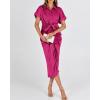imageBTFBM 2025 Women Button Down Ruched Shirt Dresses Short Sleeve Lapel V Neck Elegant Party Spring Summer Maxi Satin DressShort Sleeve Rose Red