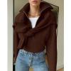 imageBTFBM Womens Casual Long Sleeve Half Zip Pullover Sweaters Solid V Neck Collar Ribbed Knitted Loose Slouchy Jumper TopsSolid Brown