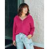 imageBTFBM Womens Casual Long Sleeve Half Zip Pullover Sweaters Solid V Neck Collar Ribbed Knitted Loose Slouchy Jumper TopsSolid Rose Red