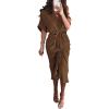 imageBTFBM 2025 Women Button Down Ruched Shirt Dresses Short Sleeve Lapel V Neck Elegant Party Spring Summer Maxi Satin DressShort Sleeve Dark Brown