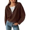 imageBTFBM Womens Casual Long Sleeve Half Zip Pullover Sweaters Solid V Neck Collar Ribbed Knitted Loose Slouchy Jumper TopsSolid Brown