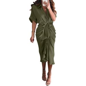 imageBTFBM 2025 Women Button Down Ruched Shirt Dresses Short Sleeve Lapel V Neck Elegant Party Spring Summer Maxi Satin DressShort Sleeve Army Green