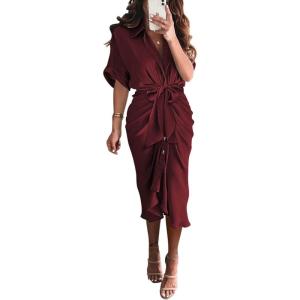 imageBTFBM 2025 Women Button Down Ruched Shirt Dresses Short Sleeve Lapel V Neck Elegant Party Spring Summer Maxi Satin DressShort Sleeve Dark Wine Red