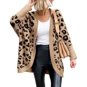 imageBTFBM Women Fashion Leopard Print Long Sleeve Sweater Cardigan Loose Knit Open Front Fall Winter Outwear CoatsLeopard Khaki