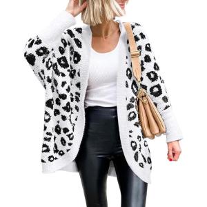 imageBTFBM Women Fashion Leopard Print Long Sleeve Sweater Cardigan Loose Knit Open Front Fall Winter Outwear CoatsLeopard White