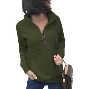 imageBTFBM Women Fashion Quilted Pattern Lightweight Zipper Long Sleeve Plain Casual Ladies Sweatshirts Pullovers Shirts TopsArmy Green