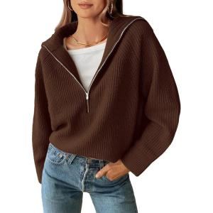 imageBTFBM Womens Casual Long Sleeve Half Zip Pullover Sweaters Solid V Neck Collar Ribbed Knitted Loose Slouchy Jumper TopsSolid Brown