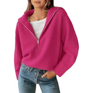 imageBTFBM Womens Casual Long Sleeve Half Zip Pullover Sweaters Solid V Neck Collar Ribbed Knitted Loose Slouchy Jumper TopsSolid Rose Red
