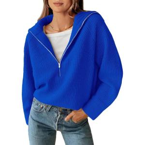 imageBTFBM Womens Casual Long Sleeve Half Zip Pullover Sweaters Solid V Neck Collar Ribbed Knitted Loose Slouchy Jumper TopsSolid Royal Blue