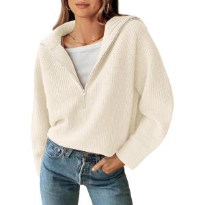 imageBTFBM Womens Casual Long Sleeve Half Zip Pullover Sweaters Solid V Neck Collar Ribbed Knitted Loose Slouchy Jumper TopsSolid White
