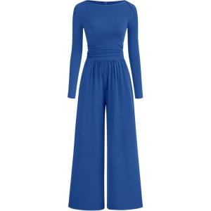 imageBTFBM Jumpsuits For Women Dressy Casual Fall Clothes 2025 Long Sleeve Knit Ruched Business Lounge Pants Rompers PocketsBlue