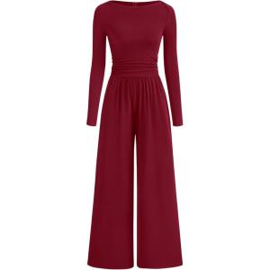 imageBTFBM Jumpsuits For Women Dressy Casual Fall Clothes 2025 Long Sleeve Knit Ruched Business Lounge Pants Rompers PocketsDark Red