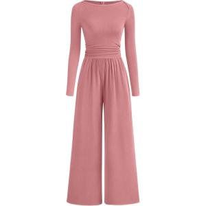 imageBTFBM Jumpsuits For Women Dressy Casual Fall Clothes 2025 Long Sleeve Knit Ruched Business Lounge Pants Rompers PocketsGrey Pink