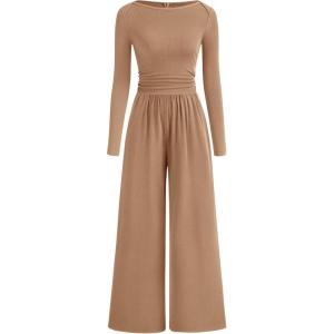 imageBTFBM Jumpsuits For Women Dressy Casual Fall Clothes 2025 Long Sleeve Knit Ruched Business Lounge Pants Rompers PocketsKhaki