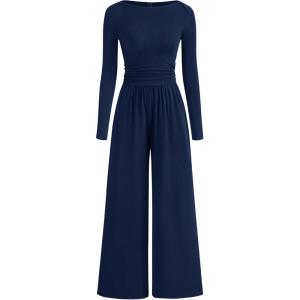 imageBTFBM Jumpsuits For Women Dressy Casual Fall Clothes 2025 Long Sleeve Knit Ruched Business Lounge Pants Rompers PocketsNavy