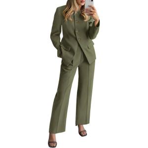 imageBTFBM Two Piece Set for Women Fall Fashion 2025 Business Casual Long Sleeve Blazer Jackets Wide Leg Pant Suits PocketsArmy Green