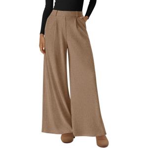 imageBTFBM Wide Leg Pants for Women Dressy Work Business Casual Elastic High Waisted Trousers Ribbed Lounge Palazzo PantsKhaki