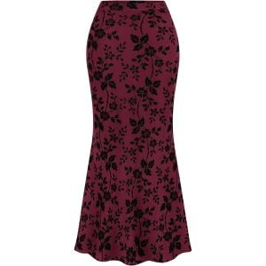 imageBTFBM Womens Floral Mesh Maxi Skirt Elastic High Waisted Boho Elegant Mermaid 2025 Summer Fall Long Skirts for WomenBurgundy