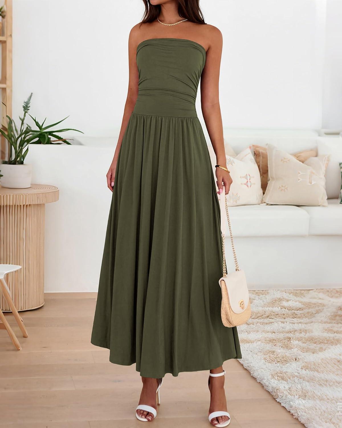 imageBTFBM Summer Maxi Dresses for Women 2025 Strapless Ruched Tube Top Flowy Beach Vacation Wedding Guest Fall Dress PocketsArmy Green