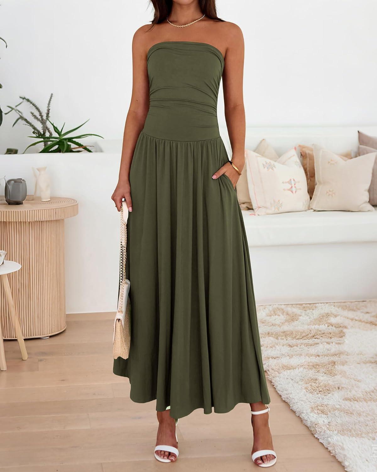 imageBTFBM Summer Maxi Dresses for Women 2025 Strapless Ruched Tube Top Flowy Beach Vacation Wedding Guest Fall Dress PocketsArmy Green