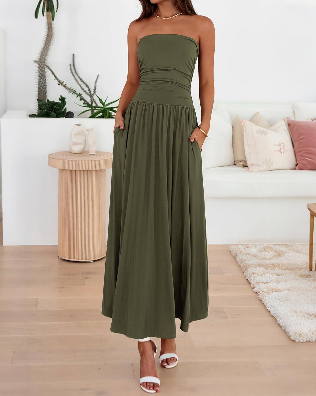 imageBTFBM Summer Maxi Dresses for Women 2025 Strapless Ruched Tube Top Flowy Beach Vacation Wedding Guest Fall Dress PocketsArmy Green
