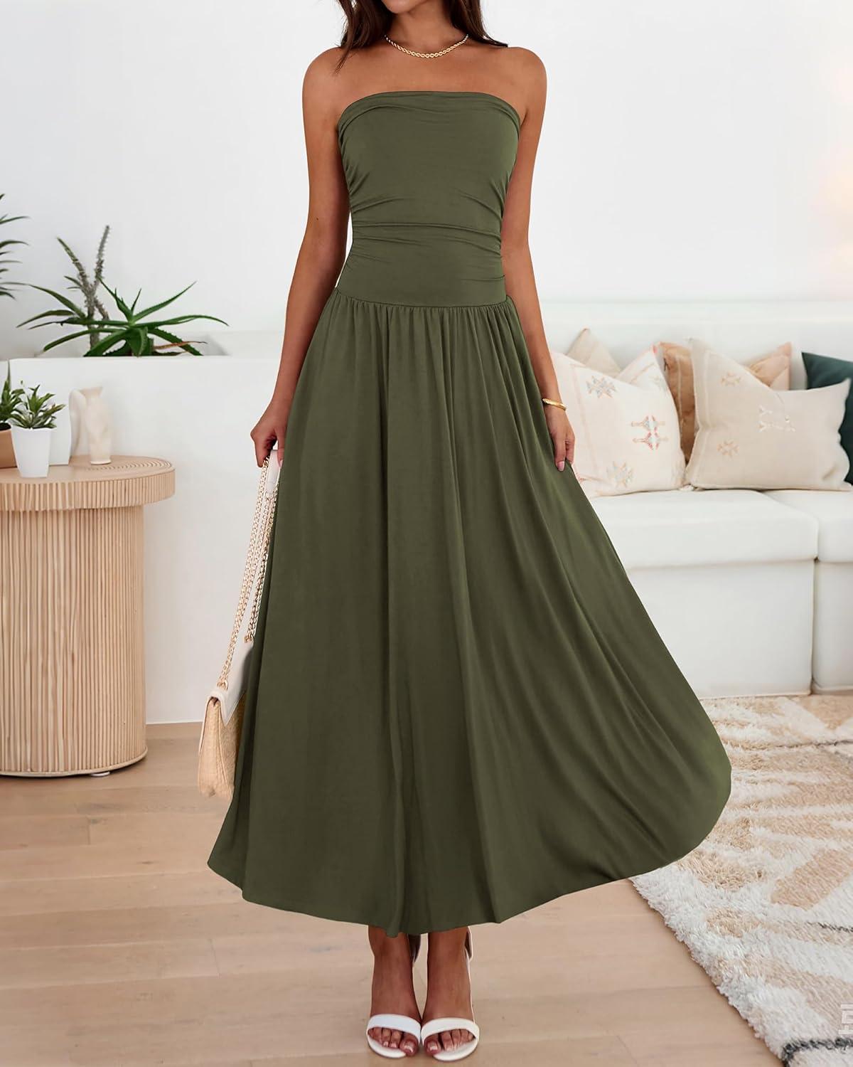 imageBTFBM Summer Maxi Dresses for Women 2025 Strapless Ruched Tube Top Flowy Beach Vacation Wedding Guest Fall Dress PocketsArmy Green