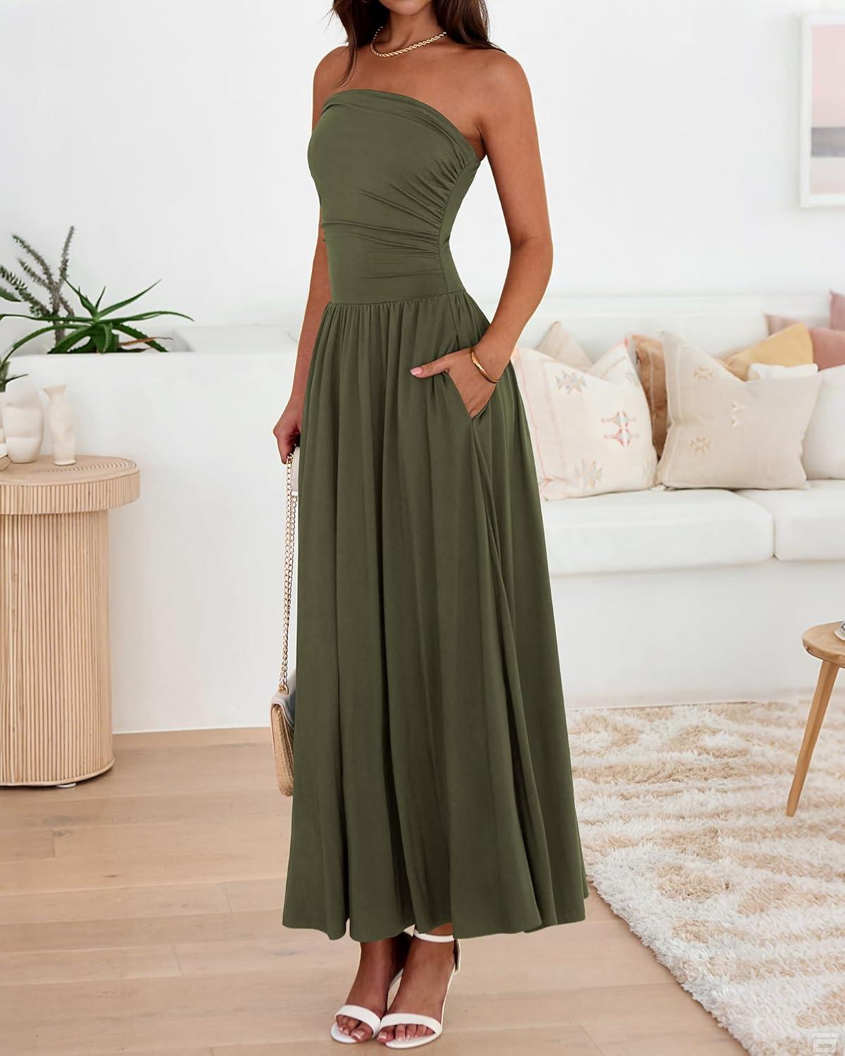 imageBTFBM Summer Maxi Dresses for Women 2025 Strapless Ruched Tube Top Flowy Beach Vacation Wedding Guest Fall Dress PocketsArmy Green