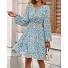 imageBTFBM Fall Dresses for Women 2025 V Neck Long Sleeve Elastic Waist Boho Beach Vacation Clothes Floral Mini Summer DressFloral Blue White