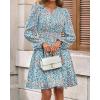 imageBTFBM Fall Dresses for Women 2025 V Neck Long Sleeve Elastic Waist Boho Beach Vacation Clothes Floral Mini Summer DressFloral Blue White