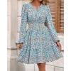 imageBTFBM Fall Dresses for Women 2025 V Neck Long Sleeve Elastic Waist Boho Beach Vacation Clothes Floral Mini Summer DressFloral Blue White