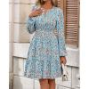 imageBTFBM Fall Dresses for Women 2025 V Neck Long Sleeve Elastic Waist Boho Beach Vacation Clothes Floral Mini Summer DressFloral Blue White