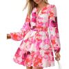 imageBTFBM Fall Dresses for Women 2025 V Neck Long Sleeve Elastic Waist Boho Beach Vacation Clothes Floral Mini Summer DressRed
