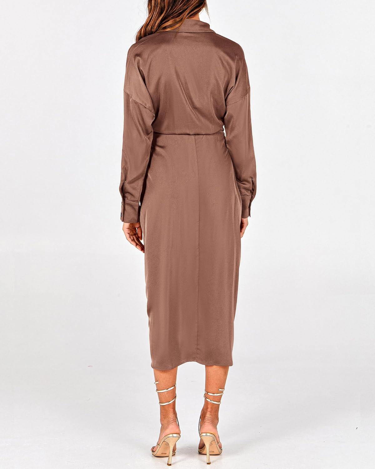 imageBTFBM Maxi Dresses for Women Fall 2025 Long Sleeve Lapel Neck Button Down Elegant Satin Belted Ruched Summer Shirt DressDark Khaki