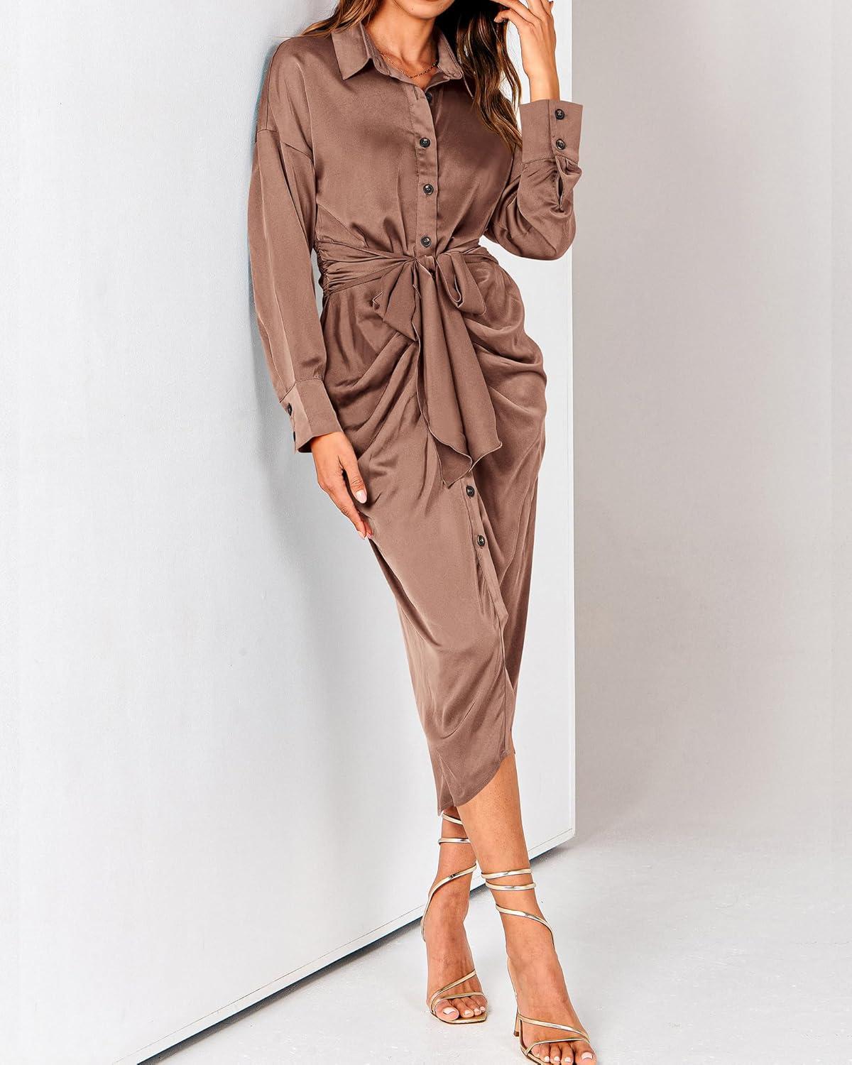 imageBTFBM Maxi Dresses for Women Fall 2025 Long Sleeve Lapel Neck Button Down Elegant Satin Belted Ruched Summer Shirt DressDark Khaki