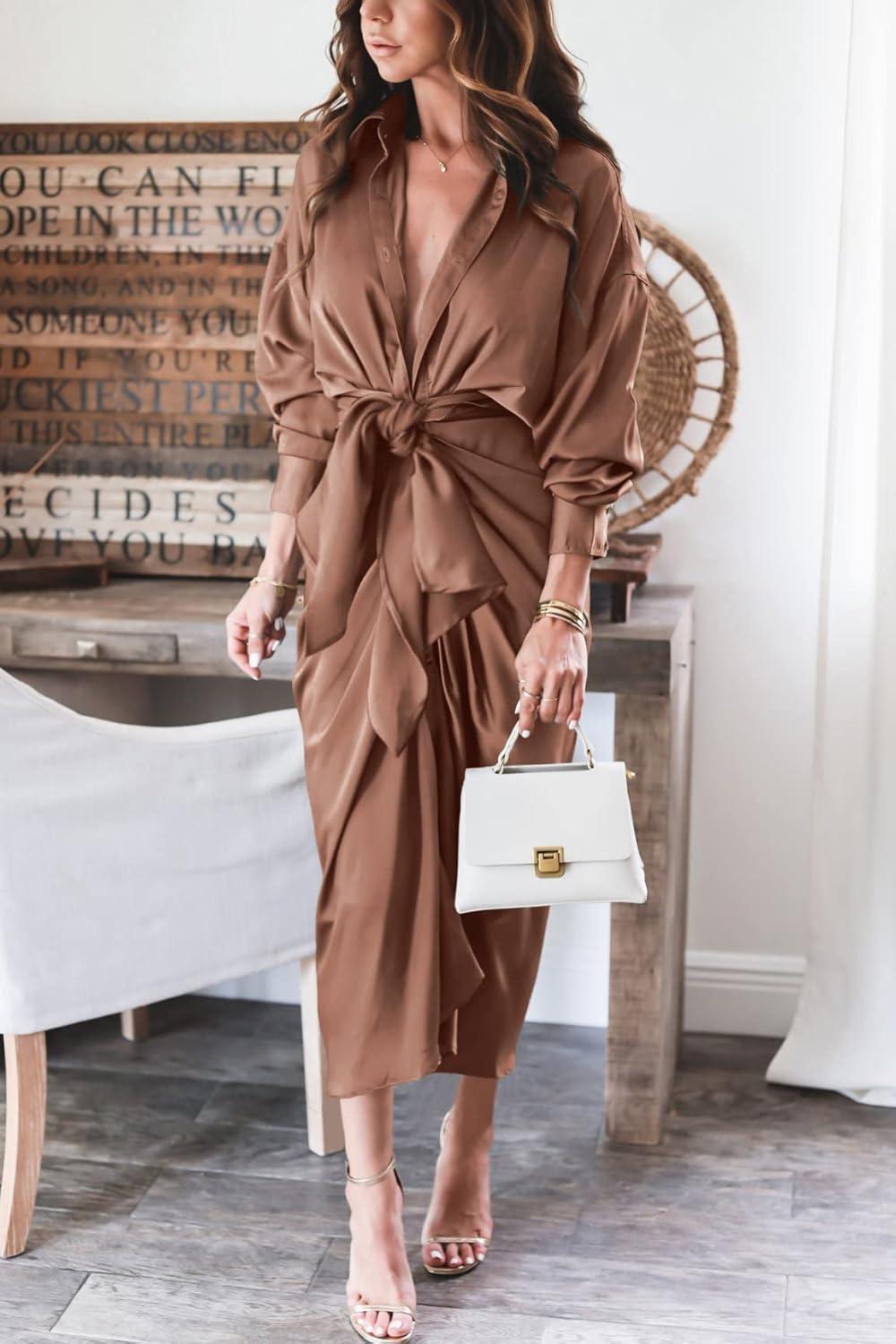 imageBTFBM Maxi Dresses for Women Fall 2025 Long Sleeve Lapel Neck Button Down Elegant Satin Belted Ruched Summer Shirt DressDark Khaki