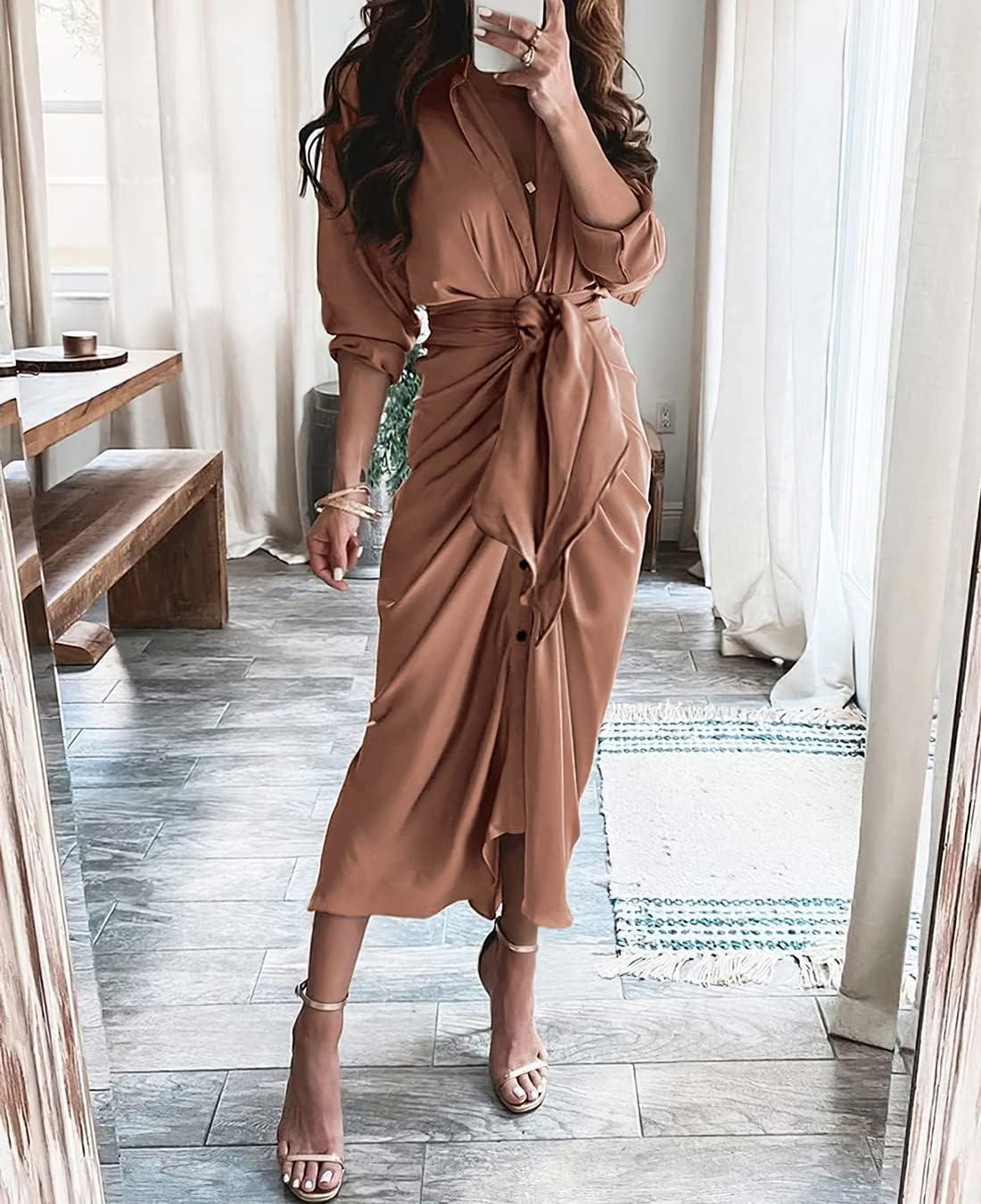 imageBTFBM Maxi Dresses for Women Fall 2025 Long Sleeve Lapel Neck Button Down Elegant Satin Belted Ruched Summer Shirt DressDark Khaki