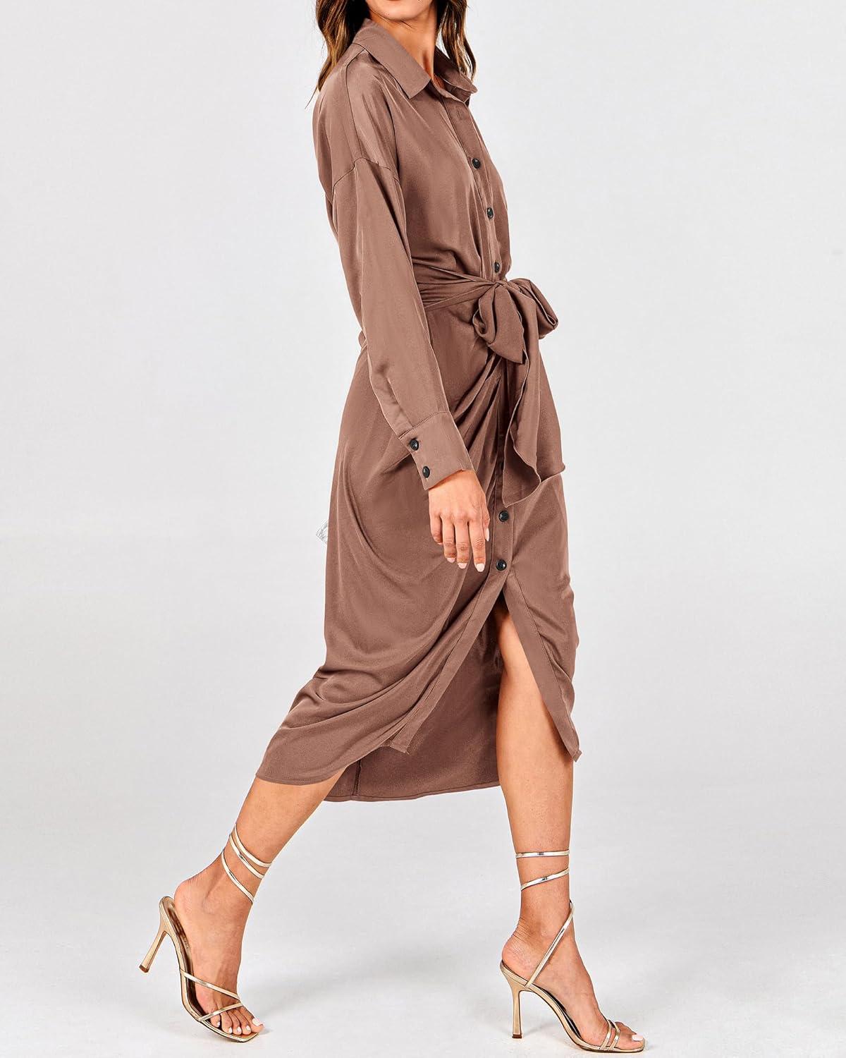 imageBTFBM Maxi Dresses for Women Fall 2025 Long Sleeve Lapel Neck Button Down Elegant Satin Belted Ruched Summer Shirt DressDark Khaki