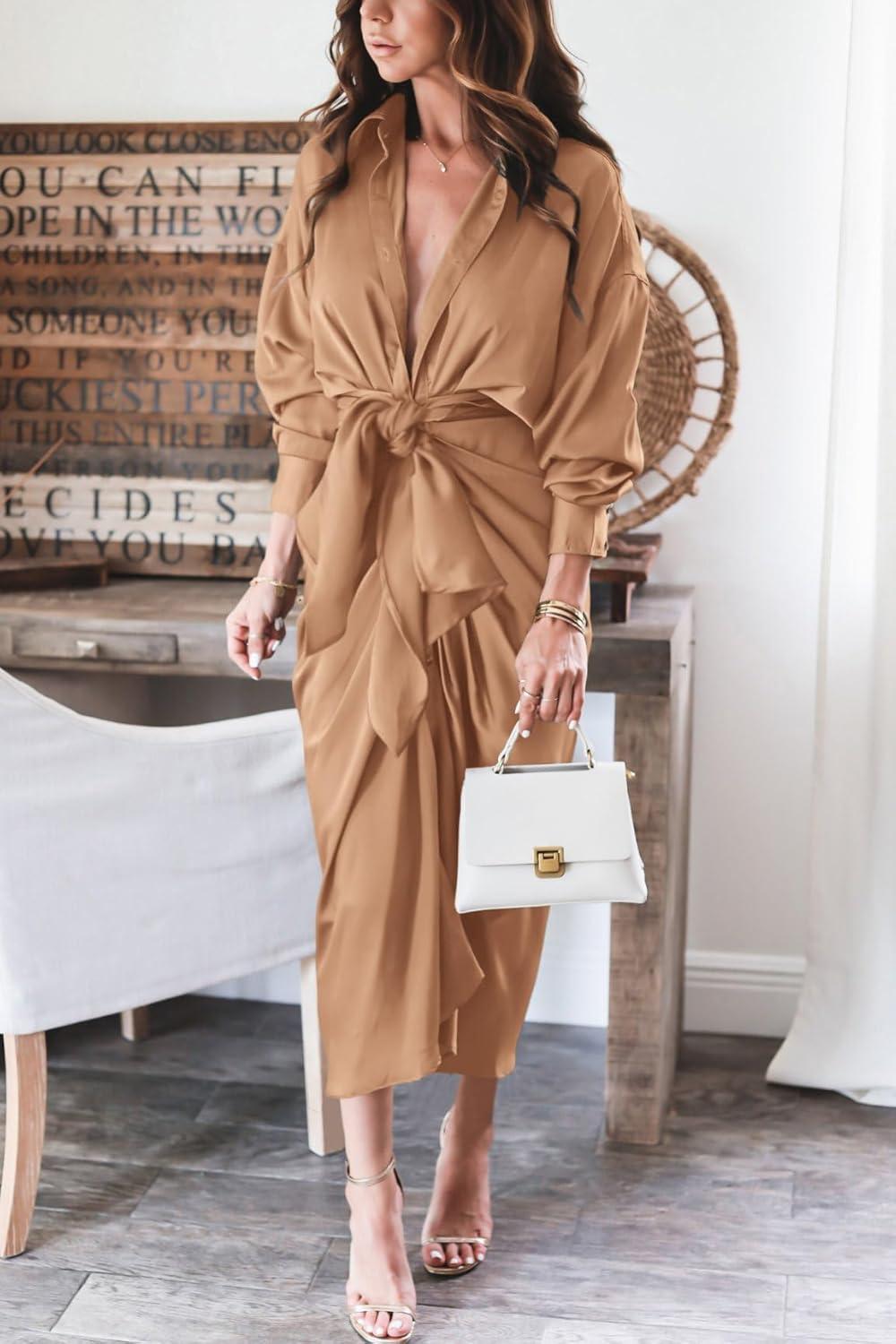 imageBTFBM Maxi Dresses for Women Fall 2025 Long Sleeve Lapel Neck Button Down Elegant Satin Belted Ruched Summer Shirt DressLight Khaki