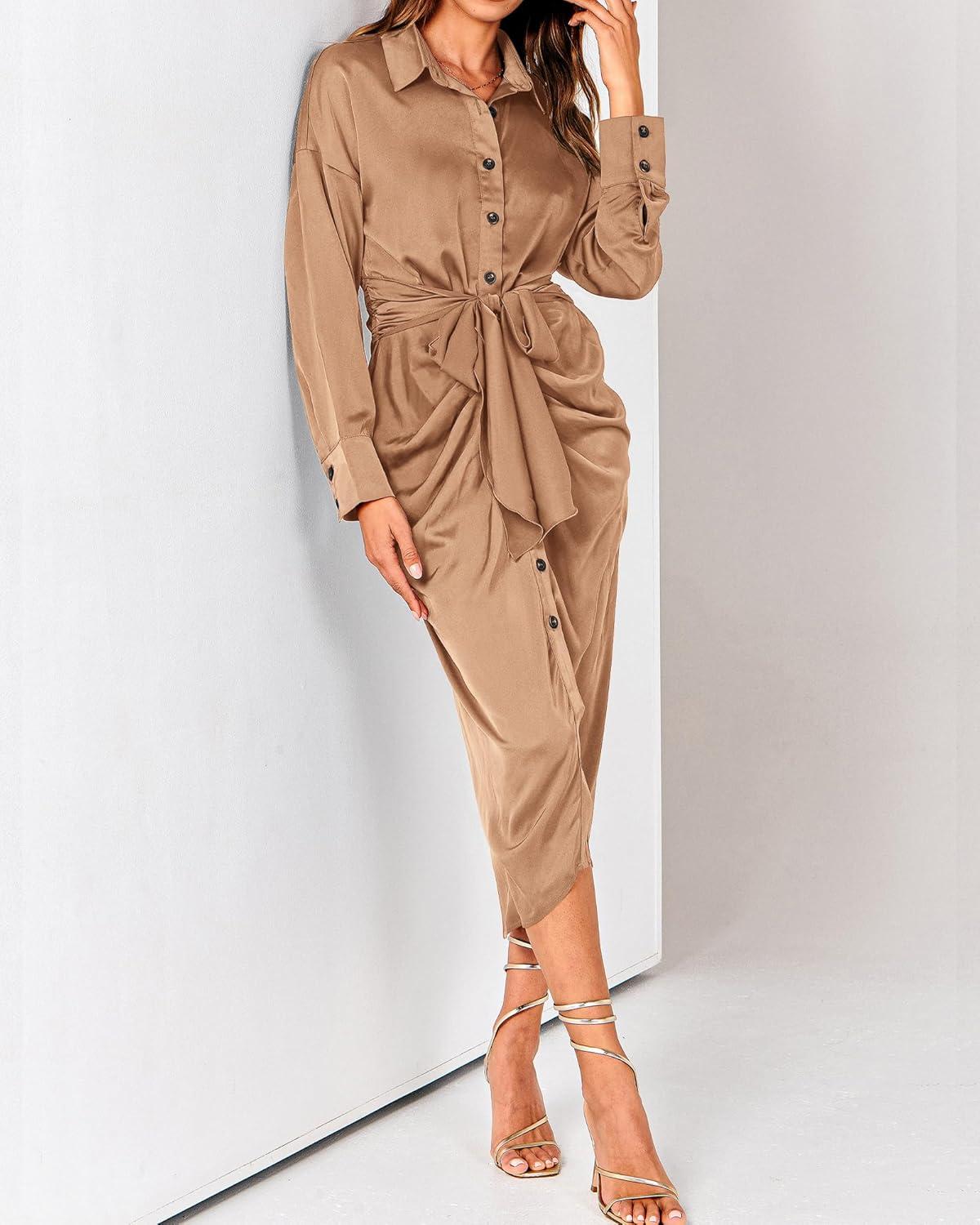imageBTFBM Maxi Dresses for Women Fall 2025 Long Sleeve Lapel Neck Button Down Elegant Satin Belted Ruched Summer Shirt DressLight Khaki